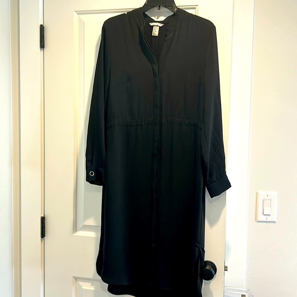 H&M black shirt dress tie waist round hem